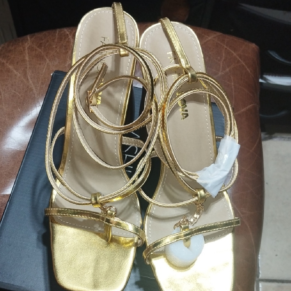 Fashion Nova Shiny Gold Strappy Heels
